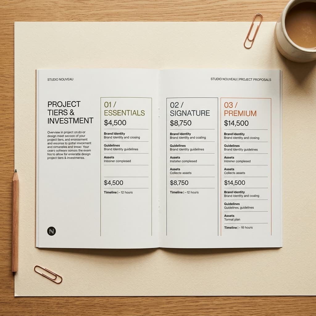 Inside the proposal booklet — typography and layout preview